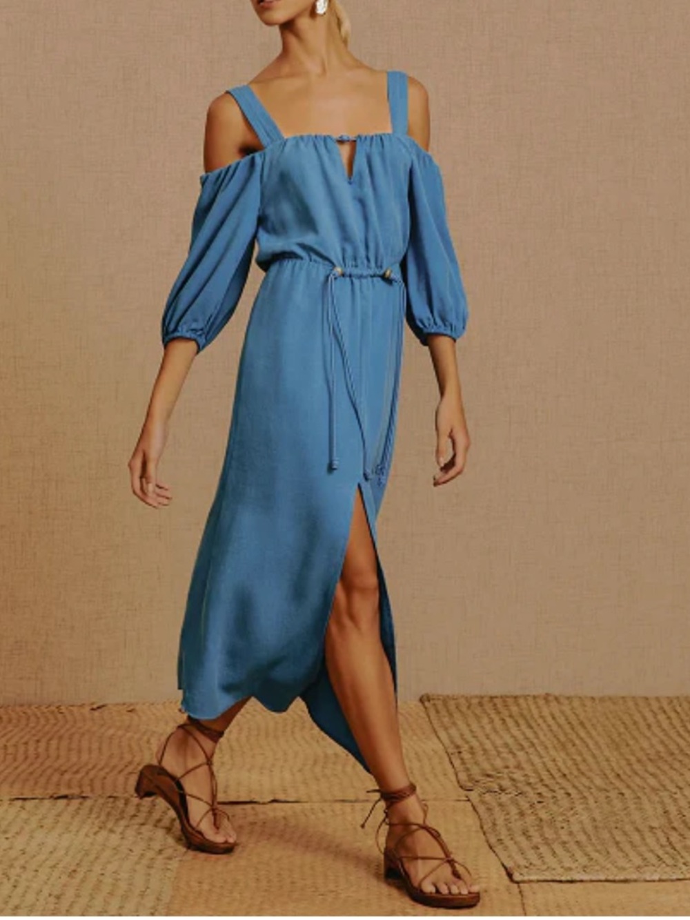 NWT Vix Paula Hermanny Blue Linen Blend off the shoulder Maxi Dress, Size 2